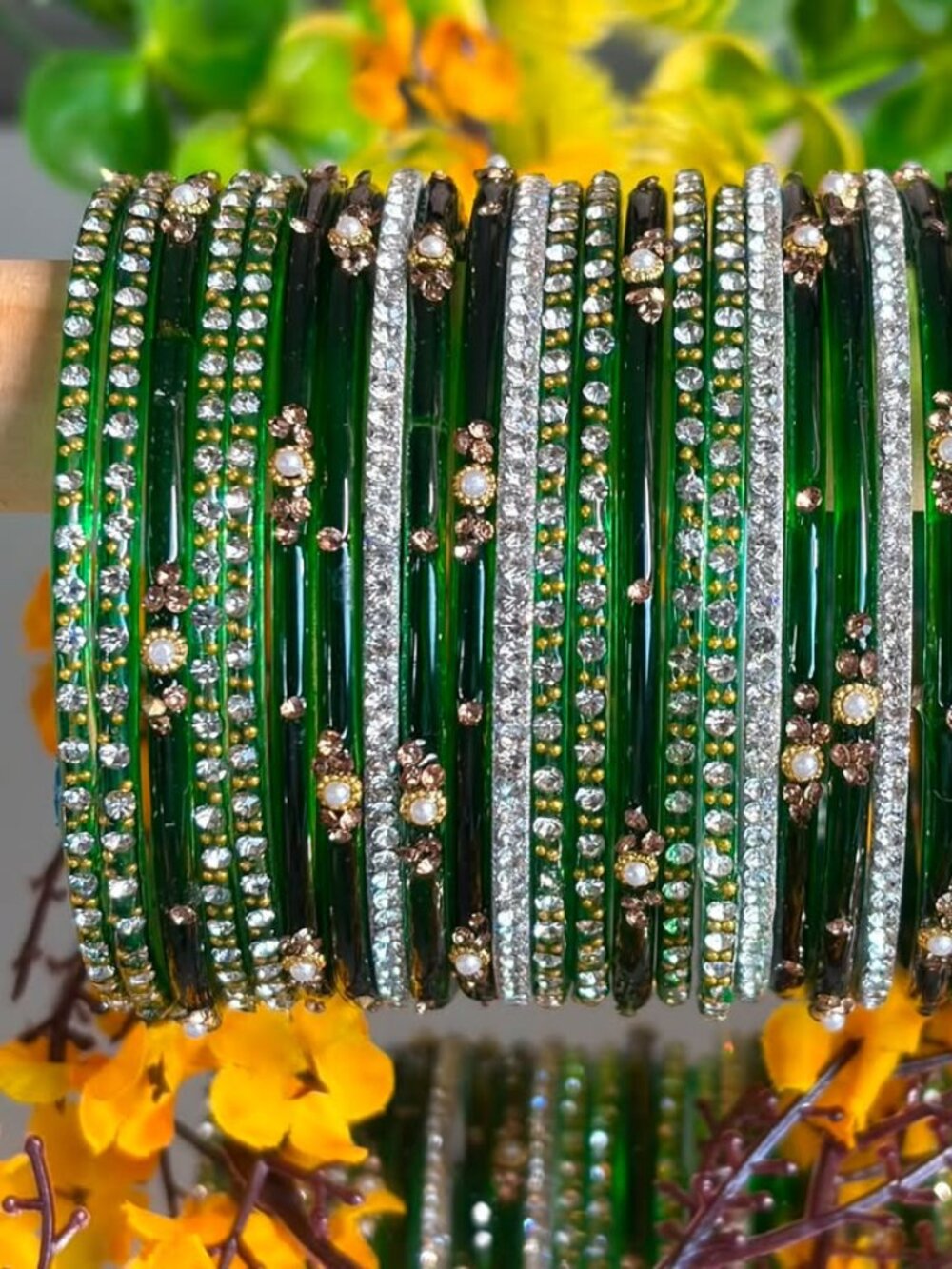 Women's Multi-Piece Emerald Green Acrylic Bangle Set, Silver-Tone Rhinestone & F